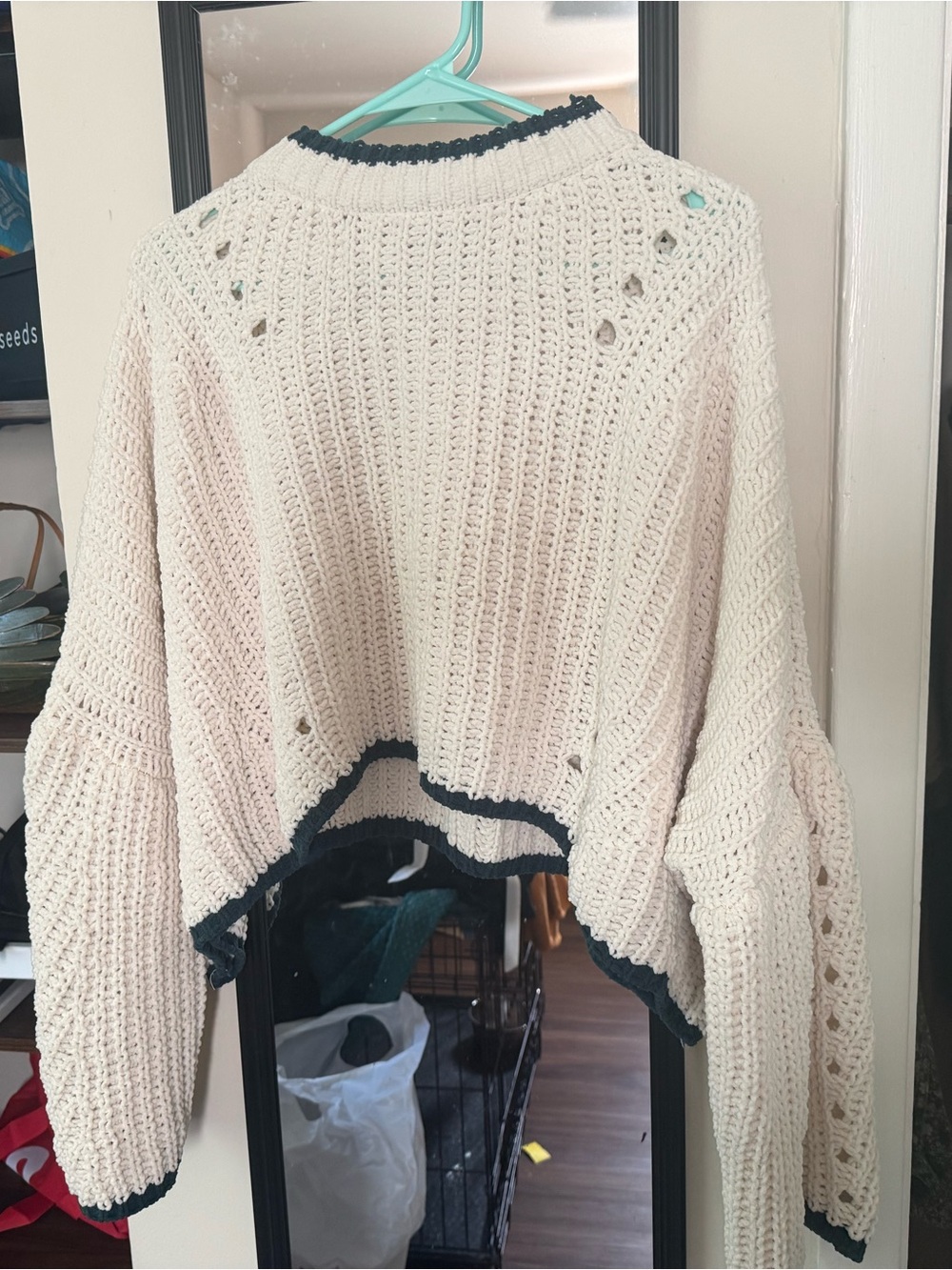 Arula Cream Cropped Knit Sweater with Green Trim